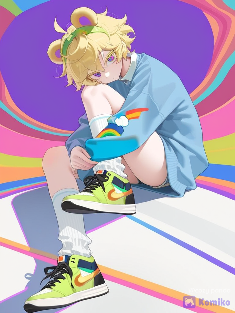 [crystal-edge-style]A very crazy boy, not too small, just of average build. He has golden-blond, fluffy hair, strands sticking up near his ears and in different directions due to the fluffiness, and two protruding ahoge strands on top of his head. His eyes are violet, with light gold eyelashes. He has a cheerful, slightly eccentric personality. He wears a headband with green bear ears. He wears a blue sweater with pink canaries painted on it, green sneakers, and long white knee-length socks. psycho rainbow filling the whole world with madness