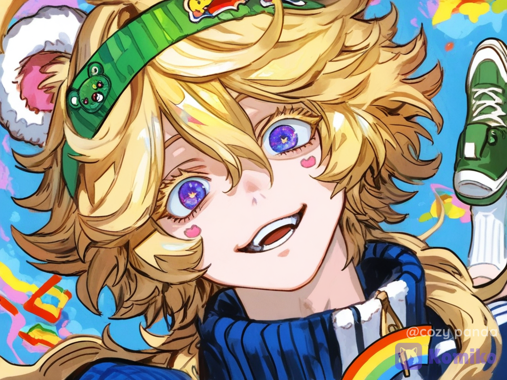 [vibrant-anime-male-style], A very crazy boy, not too small, just of average build. He has golden-blond, fluffy hair, strands sticking up near his ears and in different directions due to the fluffiness, and two protruding ahoge strands on top of his head. His eyes are violet, with light gold eyelashes. He has a cheerful, slightly eccentric personality. He wears a headband with green bear ears. He wears a blue sweater with pink canaries painted on it, green sneakers, and long white knee-length socks. psycho rainbow filling the whole world with madness fool body. and... SLAYHANTERHOUSE