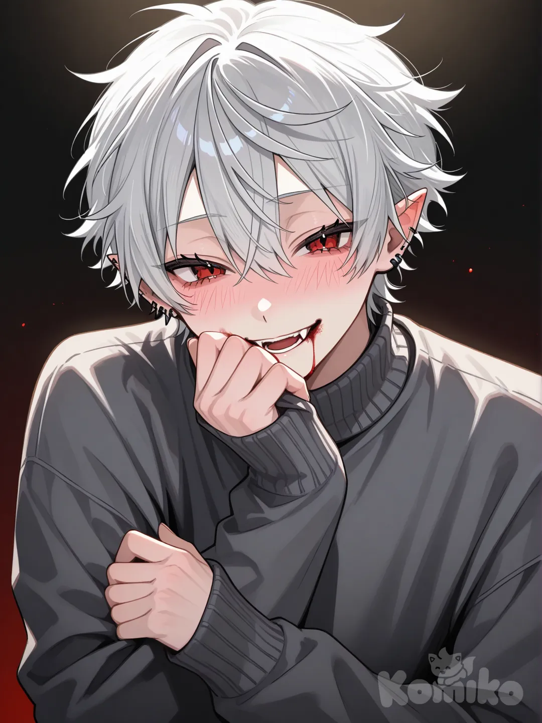 kuzuha (nijisanji), nijisanji kuzuha, kuzuha, male, cute, wearing a dark dark grey almost black turtleneck, his sleeves are over his hands, smiling, cute smile, he's wiping his mouth with his sleeve, his hand is over his mouth, he looks happy, there's a single drop of blood on his teeth, he's bushing a bit, he's trying to wipe off the blood, cute, wholesome, blushing a little, happy squinting, not much blood, he looks a bit shy, not much blood, cute, wholesome