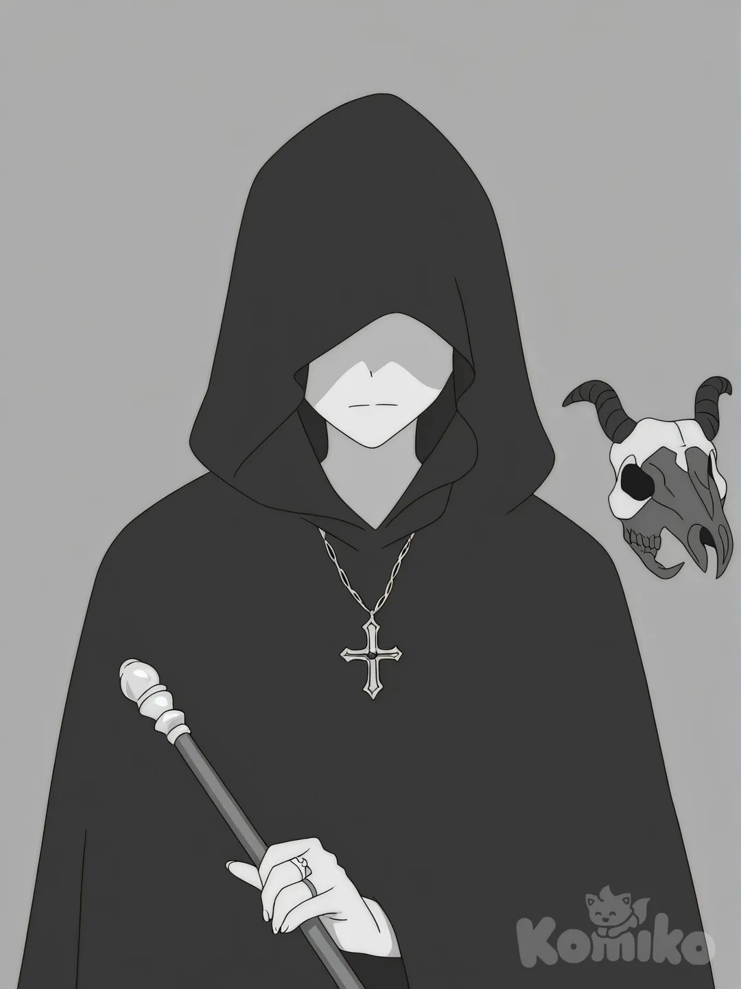 skull, horns, jewelry, facing_viewer, holding, solo, ring, covered_eyes, staff, hood, necklace, grey_background, hood_up, holding_staff, animal_skull, simple_background, upper_body, closed_mouth, fingernails, cloak, monochrome, cross.[flat-anime-style]