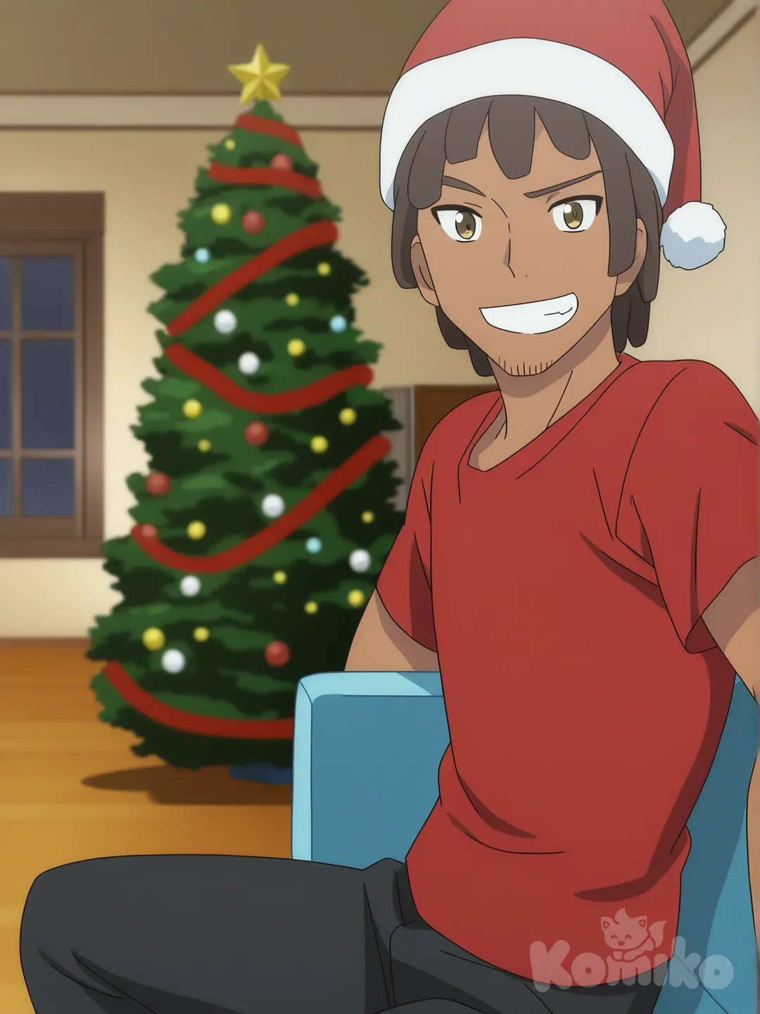 dreadlocks, 1boy, male_focus, smile, hat, shirt, solo, couch, dark-skinned_male, grin, santa_hat, christmas_tree, dark_skin, sitting, pants, red_shirt, looking_at_viewer, facial_hair, indoors, window, teeth, black_pants, short_sleeves, brown_hair, blurry, blurry_background, christmas, short_hair, alternate_costume, stubble, christmas_lights, bangs, hand_up, [flat-anime-style]