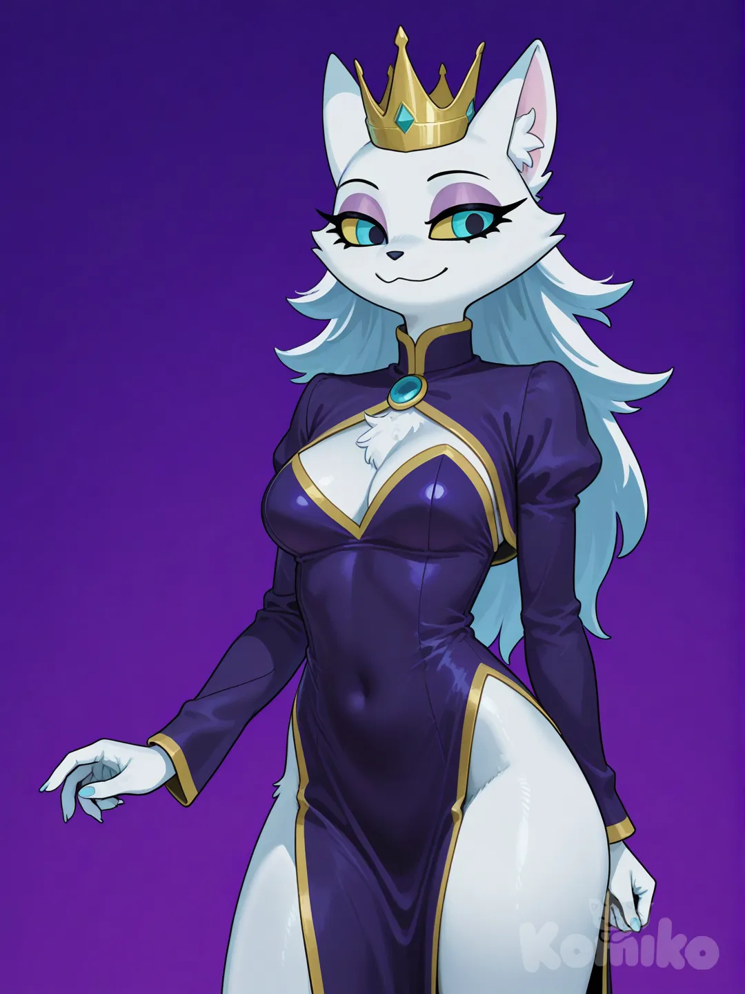 stella (helluva boss), long_hair, purple_background, dress, crown, furry_female, smile, looking_at_viewer, breasts, standing, purple_eyes, cowboy_shot, pelvic_curtain, [realistic-furry-style]