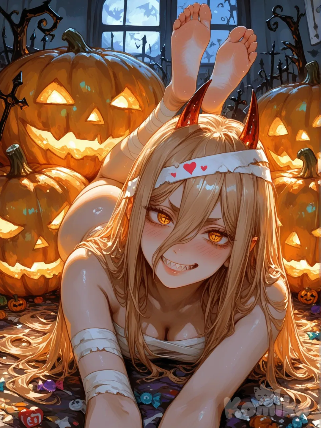 1girl, power_(chainsaw_man), ass, horns, solo, breasts, teeth, bandages, sharp_teeth, feet, long_hair, soles, huge_ass, toes, heart, lying, blonde_hair, smile, red_horns, looking_at_viewer, jack-o'-lantern, on_stomach, halloween, symbol-shaped_pupils, barefoot, naked_bandage, pumpkin, feet_up, the_pose, thick_thighs, demon_horns, hair_between_eyes, grin, yellow_eyes, cross-shaped_pupils, thighs, alternate_breast_size, [sweet-painting-style]
