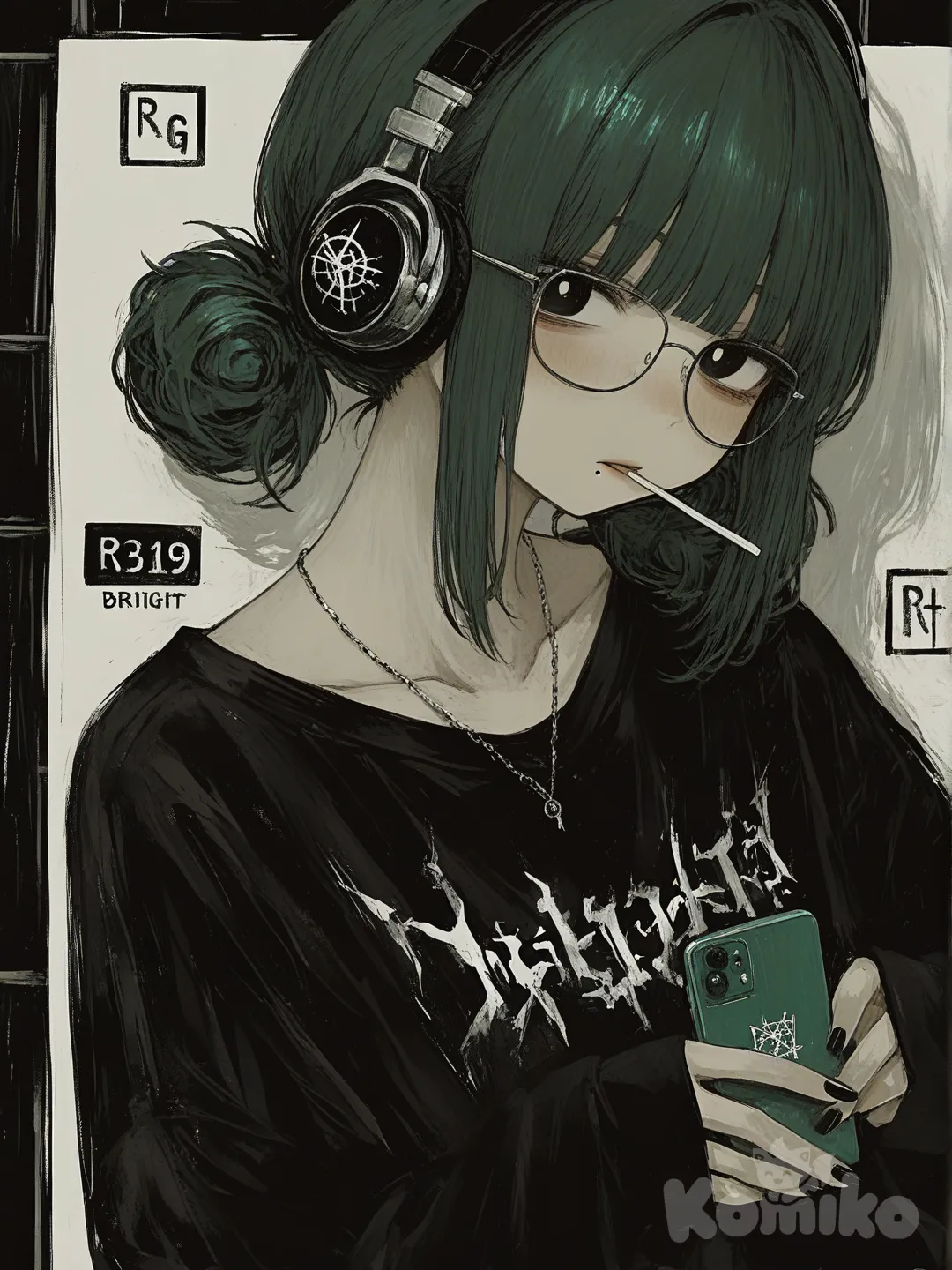 1girl, green_hair, solo, hair_bun, double_bun, glasses, headphones, necklace, bangs, looking_at_viewer, black_nails, shirt, jewelry, mouth_hold, black_eyes, blunt_bangs, upper_body, holding, collarbone, black_shirt, parted_lips, sleeves_past_wrists, bright_pupils, mole, nail_polish, white_pupils, [sweet-painting-style]