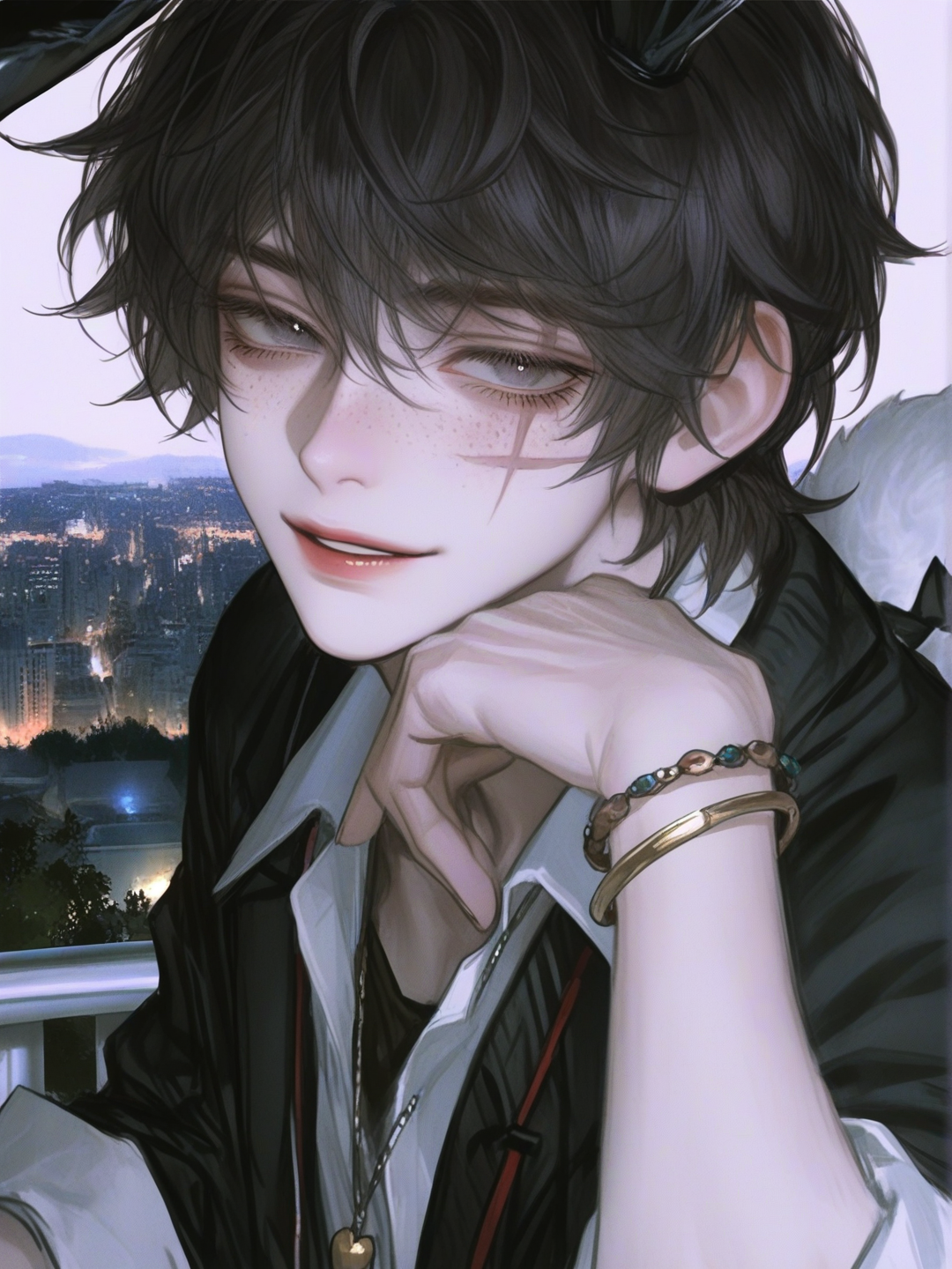 [semi-realistic-portrait-style] 1boy, solo, black_hair, grey_eyes, freckles, pale_skin, slim, petite, school_uniform, necklace, bracelet, scar, smile, rabbit_ears, rabbit_tail, headshot, ambient_lighting, cityscape, semi-realistic, portrait, single character, upper body, looking_at_viewer, simple background, white background