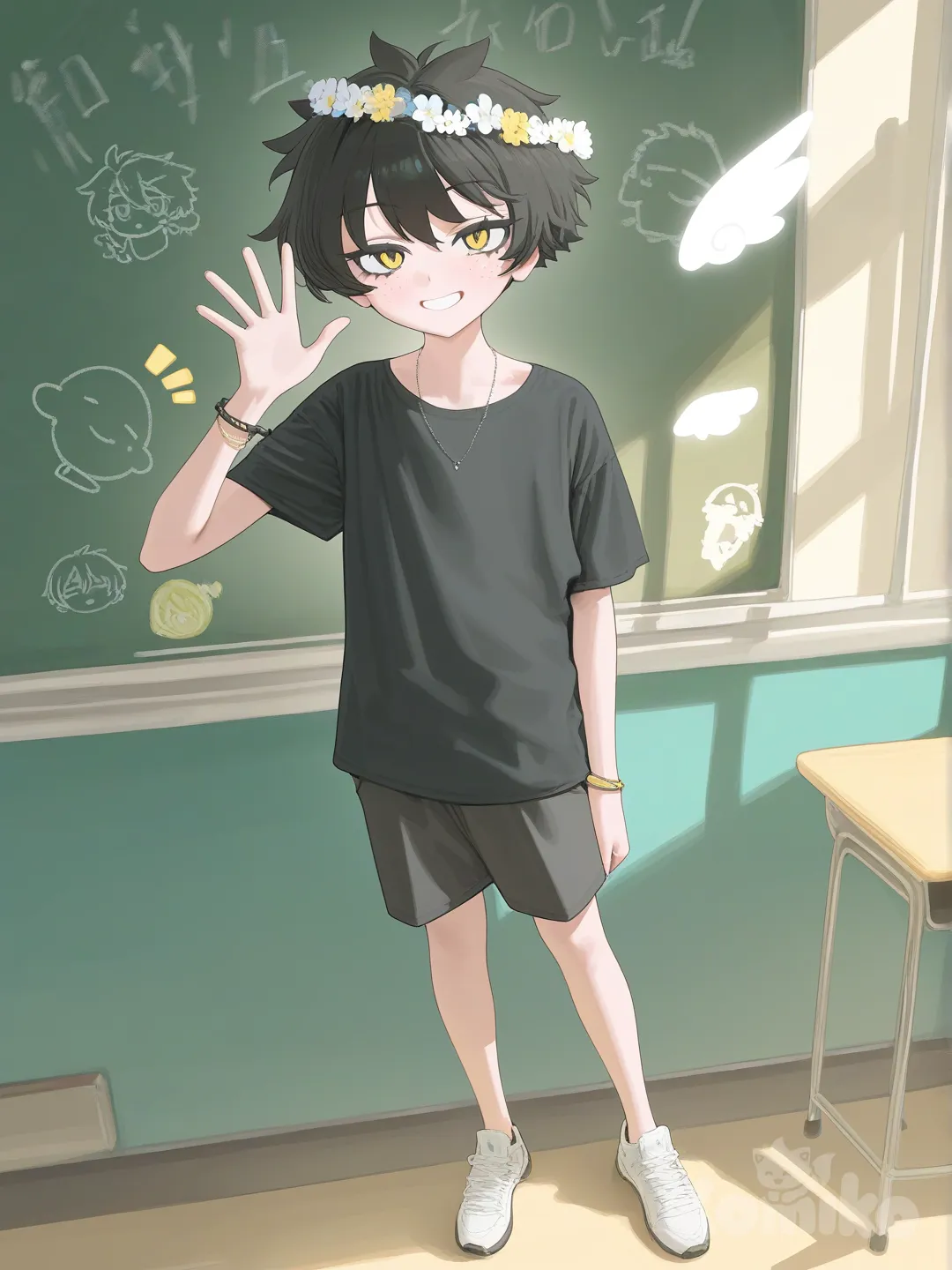 teenager, slim, petite, black hair, Yellow eyes, freckles, scar, fair skin, bracelet, necklace, flower crown, waving, smile, blush, headshot, full body, ambient light, classroom, angle wings, 1BOY, [vibrant-anime-style]