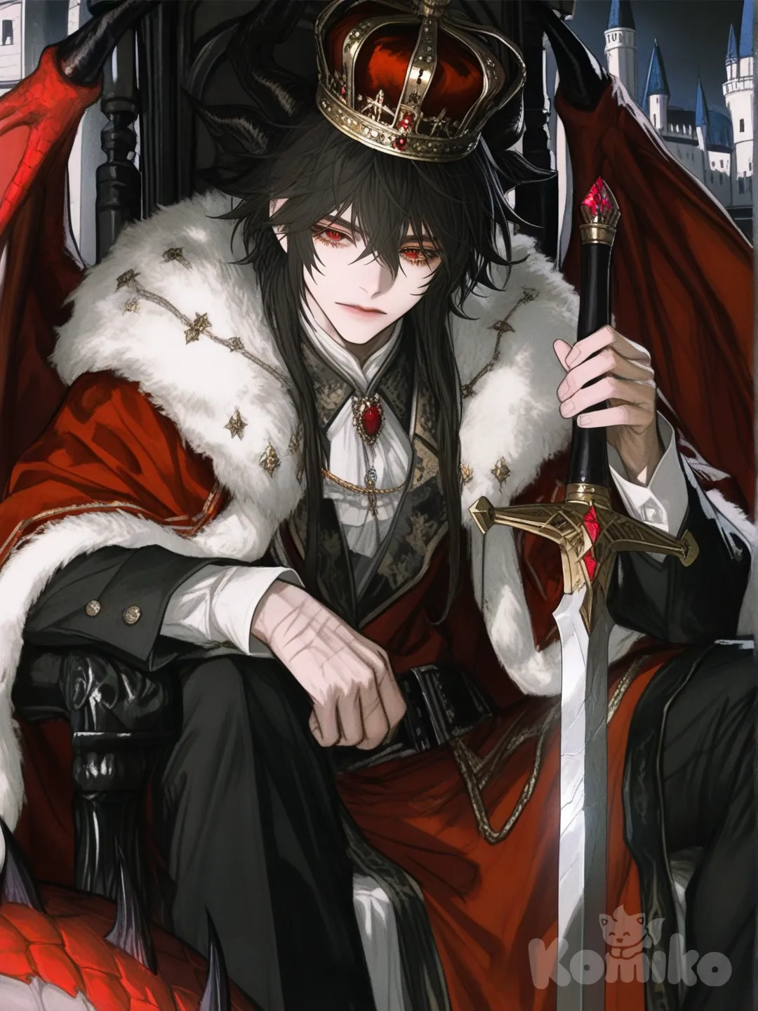 1boy, teenager, athletic, tall, black hair, red dragon eyes, scar, fair skin, king clothes, crown, diamonds, jewelry, dragon horns, dragon wings, dragon tail, holding sword, expressionless, headshot, ambient light, castle, Sitting on a throne, [semi-realistic-portrait-style]