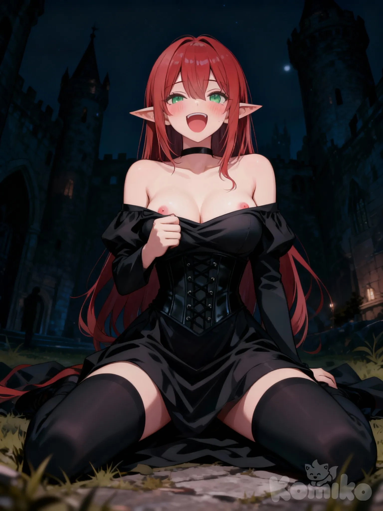 @elyndra-voss-qURp, off-shoulder dress, black dress, dress lift, black corset, no bra, open clothes, open mouth, moaning, ahegao, nipples, castle, spread pussy, breasts squeezed together, seductive smile, sitting on the ground, smirk, blush, looking at viewer, full body, from below, night