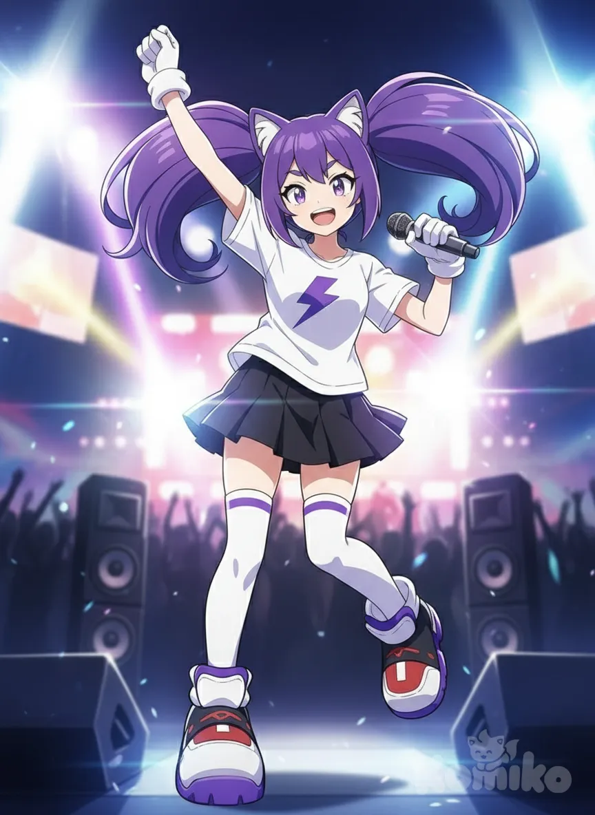 <blaine-KSBS>, anime screencap, singing, dancing, t-shirt, pleated skirt, knee-high socks, twin tails, looking at viewer, stage light