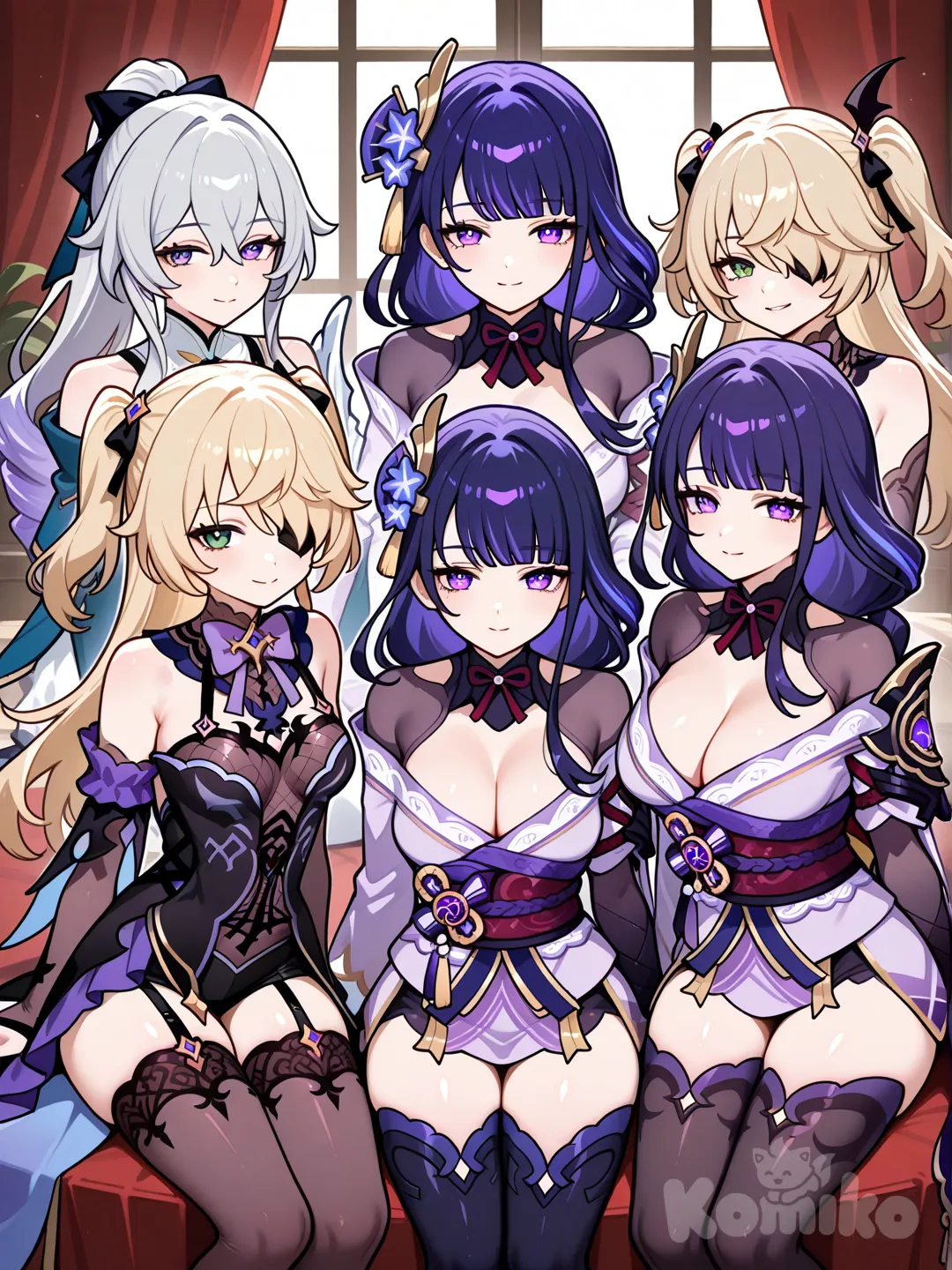 @Jean_(Genshin_Impact), @Fischl_(Genshin_Impact), @Raiden_Shogun, @Bronya_Zaychik_(Silverwing:N-Ex), @Luocha_(Honkai:Star_Rail) sexys