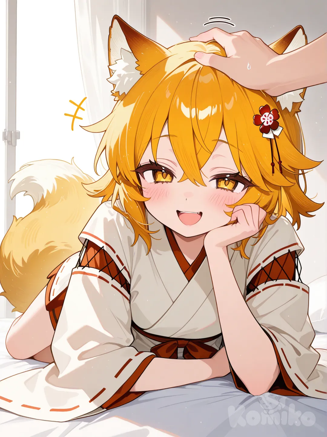 Senko, cute, lies like a cat, puffy tail, laughing,
Hand pet her head