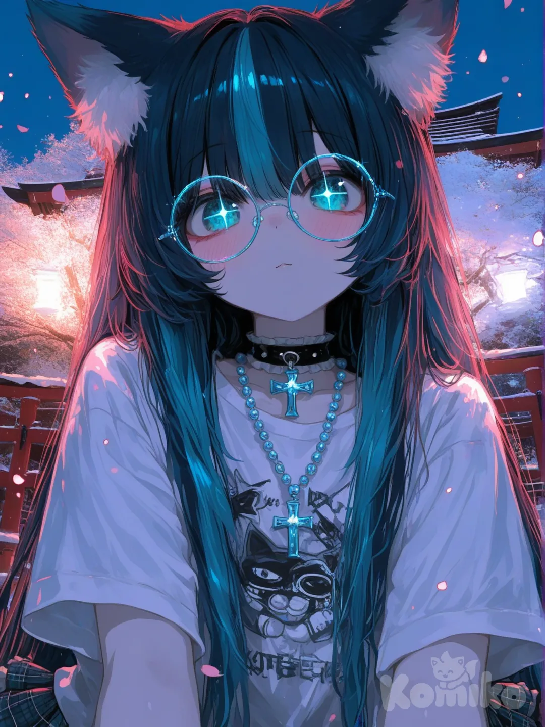 [sweet-painting-style] Ultra-8K anime styles portrait of a cute teen long dark blue hair with long dark blue hair, pastel hair highlights, blue eyes, sparkling eyes, round cute eyewear, cat ears, pale skin, wearing a fashion mannequin, yami kawaii punk coord, plain white oversized baby tee, ultra short asymmetrical multi-layer plaid skirt, top layer red-black tartan, middle layer black-gray plaid, bottom layer brown-beige plaid, irregular ruffled hem with long trailing tails on one side, black beaded rosary choker with silver cross pendant. in anime style, cross-up shot Japanese shrine in winter, red torii gate covered with snow, old wooden shrine, cherry blossoms blooming, falling snow and petals, glowing fantasy lights, magical particles, soft cinematic lighting, misty, dreamy atmosphere, 8k