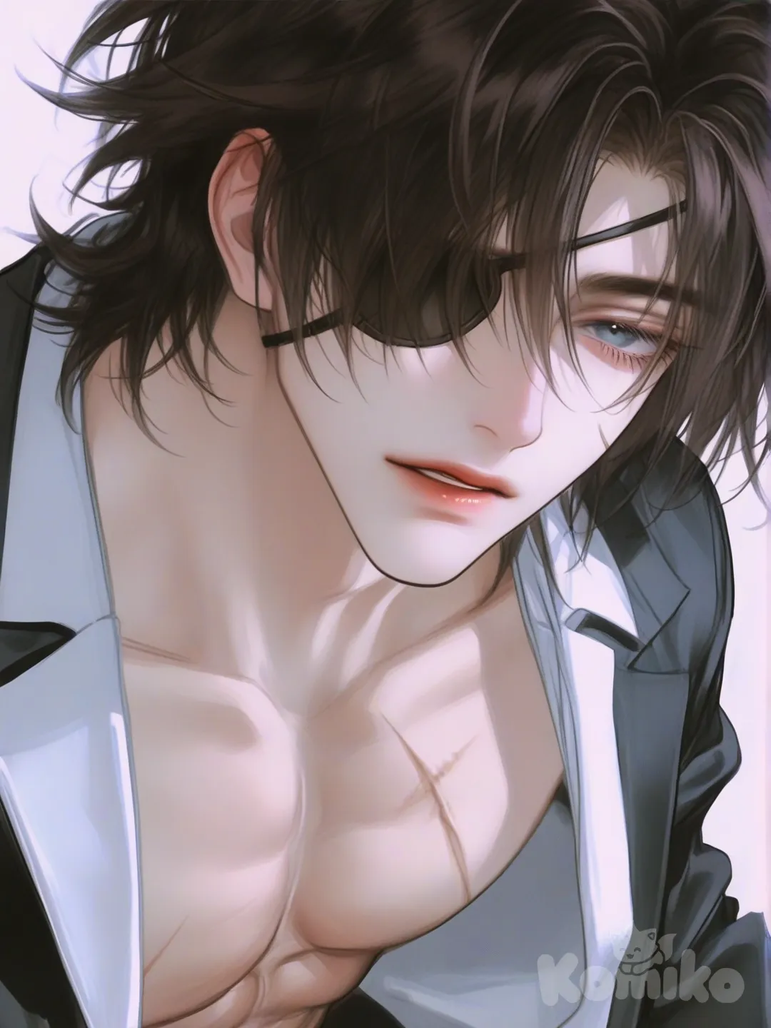 [semi-realistic-portrait-style]

Full-body portrait of an athletic young male warrior (Shokudaikiri Mitsutada), with short messy brown hair, a black eyepatch over his left eye, and a sharp steel-blue right eye. He has a diagonal scar on his cheek, a strong jawline, and a lean, defined physique with broad shoulders, visible abdominal muscles, and toned arms and legs.

His posture is natural and balanced
cowboy shot, front profile photo, top light, cinematic lighting

, tuxedo, aviator sunglasses