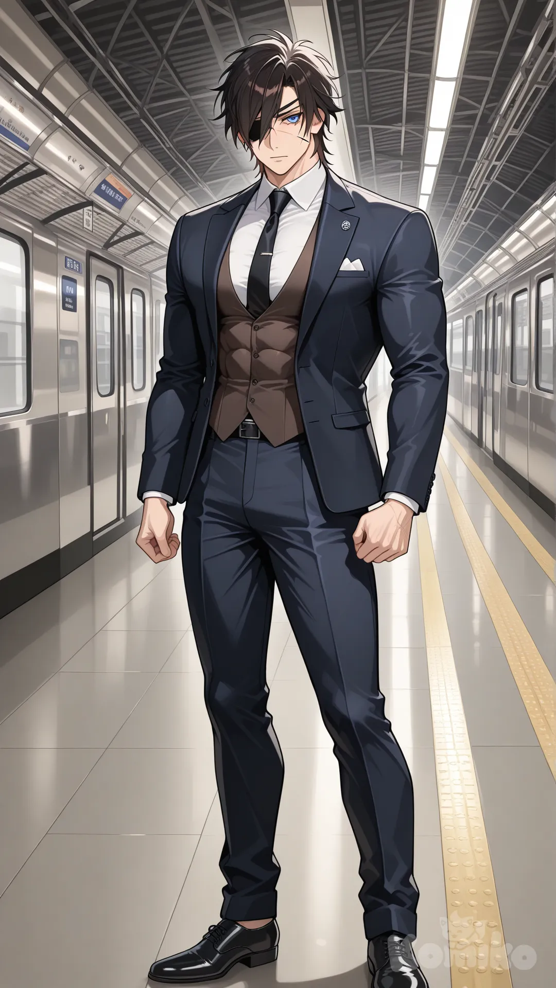 full-body portrait of Shokudaikiri Mitsutada, a young adult male warrior with a lean and defined athletic physique. He has a black oval eyepatch over his left eye, intense steel-blue right eye, short messy medium-brown hair, and a diagonal facial scar. His anatomy is balanced and athletic: broad shoulders, defined pectorals and abdominal muscles, tapered torso, strong legs, and firm glutes. 

He's a drees With a suit elegant of 3 pieces.
 
El fondo es una estación de trenes