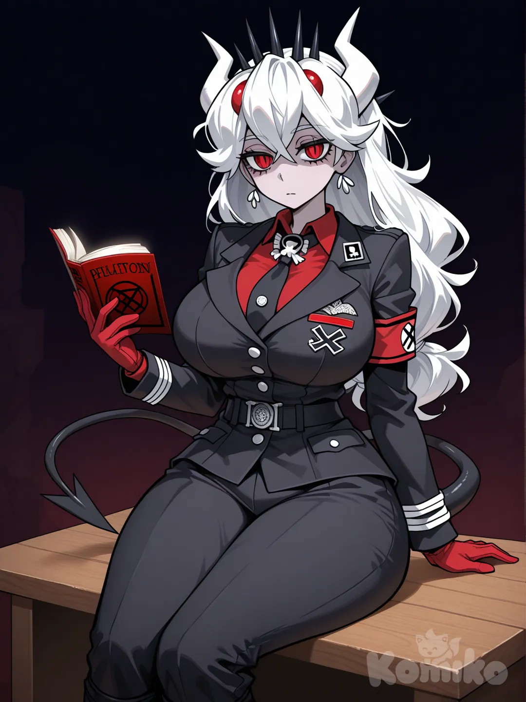 Voluptuous mature Beelzebub (Helltaker), exaggerated hourglass figure, extremely wide rounded hips, large pendulous breasts, narrow waist. Pale flawless skin, crimson slit-pupil eyes, white hair, ivory horns, thin black dart-tipped tail. Digital illustration, anime-inspired, semi-realistic, anatomy, dramatic lighting, dark background.

She wears a tailored black Nazi female military officer's uniform with a crimson red shirt and matching gloves, her slender black tail curled in the air. In a large, formal meeting room with a polished wooden table and dim, dramatic lighting.

Digital painting, dark neo-noir style, highly textured, dramatic chiaroscuro lighting, sharp focus, 8K resolution, art by Greg Rutkowski.

Ella luce inexpresiva, sujeta con firmeza un libro de aspecto tenebroso mientras está sentada sobre el escritorio