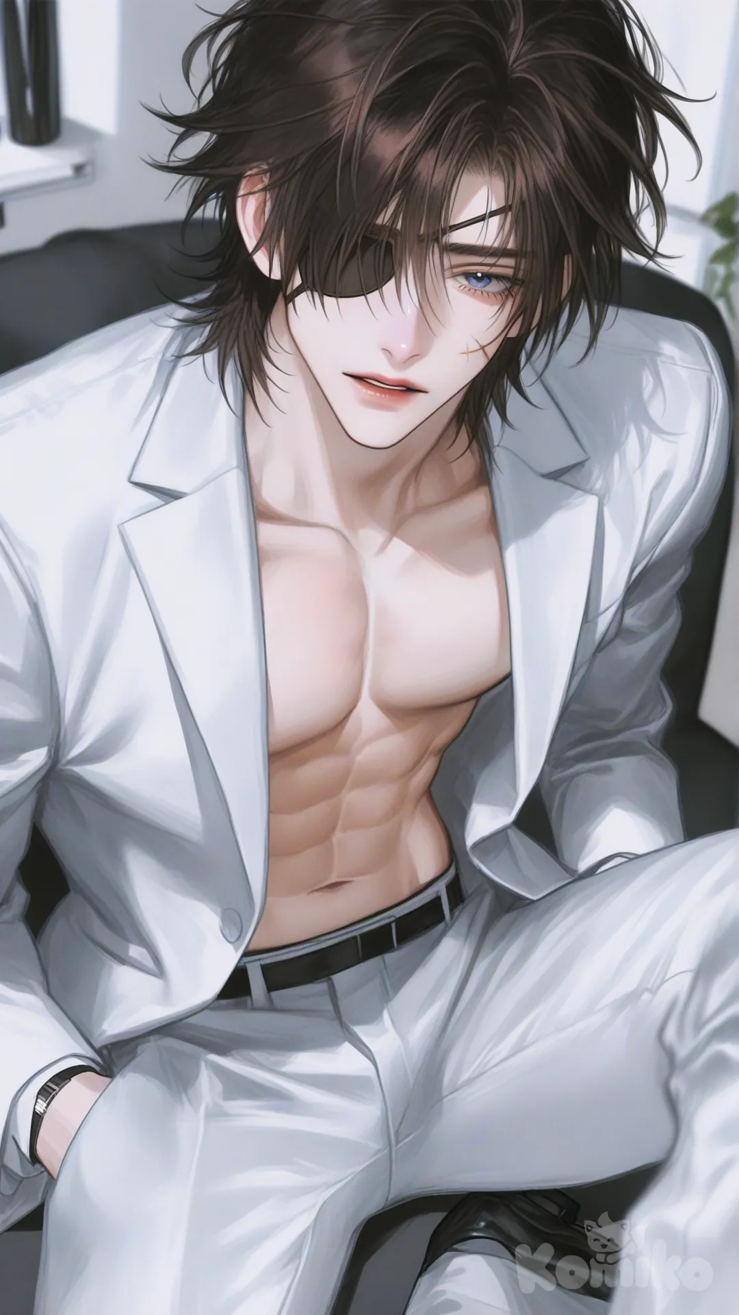 Full-body of an athletic young male warrior (Shokudaikiri Mitsutada), with short messy brown hair, a black eyepatch over his left eye, and a sharp steel-blue right eye. He has a diagonal scar on his cheek, a strong jawline, and a lean, defined physique with broad shoulders, visible abdominal muscles, and toned arms and legs.

His posture is natural and balanced, he's a elegante suit

, full body, from below, depth of field, hands in pockets, sitting on the ground, [semi-realistic-portrait-style]