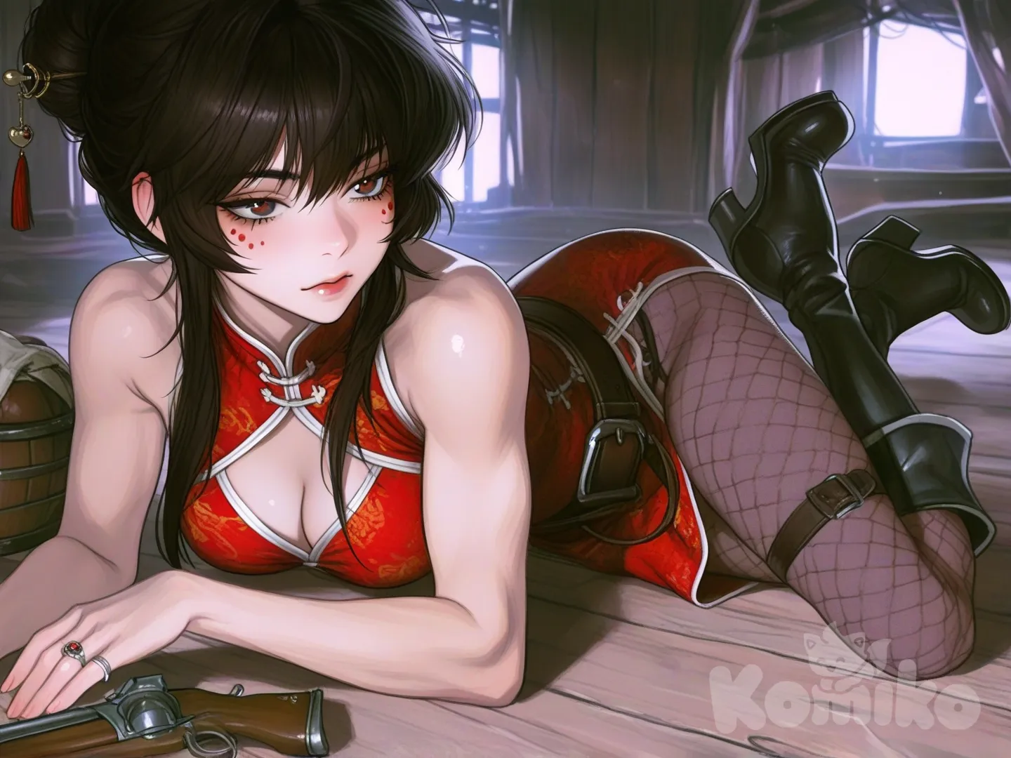 Ilustración digital semi-realista, arte conceptual. Una pirata mujer de rasgos asiáticos china, de complexión atlética y moderadamente curvilínea, con músculos definidos. Rasgos faciales definidos, un lunar bajo el ojo derecho, tiene ojeras que enmarcan como sombreado sus ojos, labios carnosos con un tono rojo.

Cabello negro con llamativas mechas rojas que forman un intenso constraste, recogido en un moño alto sujeto con dos horquillas chinas, a los lados de su rostro quedan dos mechones de cabello sueltos para enmarcar su cara .

Lleva un qipao (cheongsam) rojo con una abertura moderada en el pecho haciendo visibles sus pechos talla mediana con detalles negros, ajustado enmarcando su silueta y sus pechos con aberturas laterales que dejan al descubierto sus piernas, debajo del qipao viste un traje de cuerpo completo de red ajustado de color negro un cinturón ancho que sostiene un sable pirata y una pistola de chispa. lleva un anillo en el dedo pulgar izquierdo. y calza botas de tacón pirata de estilo chino. Pose dinámica de capitana pirata, mirada imponente y expresión cansada.

Diseño de vestuario estilizado, detallado e intrincado. Iluminación cinematográfica, sombras dramáticas, profundidad de campo. Paleta de colores: rojo carmesí, negro azabache, detalles dorados. Arte de Ilya Kuvshinov y Loish. --ar 2:3 --estilo crudo --estilizar 150., [semi-realistic-portrait-style]