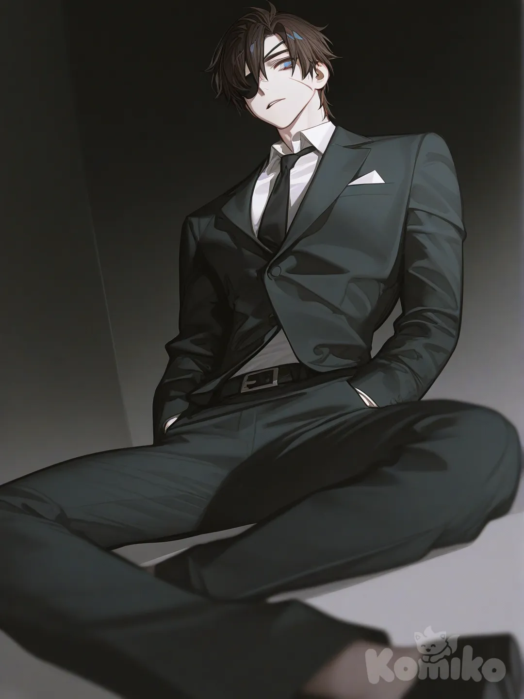 [high-contrast-glossy-style]

Full-body of an athletic young male warrior (Shokudaikiri Mitsutada), with short messy brown hair, a black eyepatch over his left eye, and a sharp steel-blue right eye. He has a diagonal scar on his cheek, a strong jawline, and a lean, defined physique with broad shoulders, visible abdominal muscles, and toned arms and legs.

His posture is natural and balanced, he's a elegante suit

, full body, from below, depth of field, hands in pockets, sitting on the ground, [semi-realistic-portrait-style]
