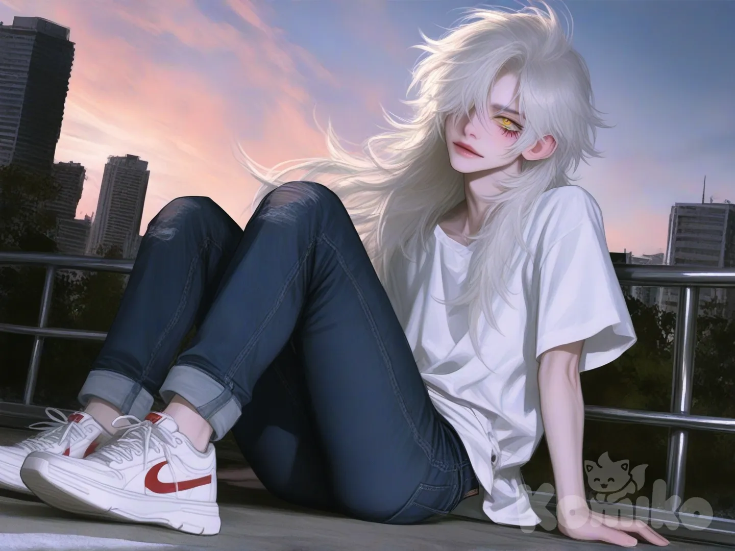 digital painting, concept art of an androgynous young man. Athletic, slender build. Sharp, delicate facial features with an ethereal beauty. Chaotic, wild, long pure white hair, styled dramatically like Madara Uchiha's. Piercing, large, glowing golden eyes (amber gold). He wears a loose-fitting, flowy white button-up shirt, slim-fit dark blue jeans, and pristine white minimalist sneakers. Dynamic pose with wind subtly moving his hair and shirt, standing in an urban environment at dusk. Dramatic cinematic backlighting rimming his white hair, combined with a soft key light on his face to highlight his golden eyes. Mysterious and elegant aura. Highly eyes, hair, and fabric textures. Style of next-gen anime mixed with realistic digital painting, trending on ArtStation, Unreal Engine 5 render..

[semi-realistic-portrait-style], from below, wide shot, full body, hands in pockets, sitting on the ground, cinematic lighting, skyscraper