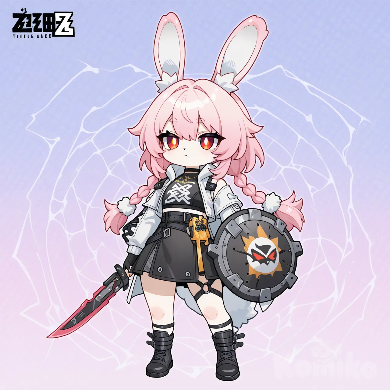 Retrato de cuerpo completo de Zhao, una agente Thiren conejo (beast Thiren) de Zenless Zone Zero. Complexión baja y robusta, con pelaje y cabello largo rosa en dos trenzas. Orejas redondas y peludas en la cabeza, y una pequeña cola blanca como pompón de algodón. Ojos rojos brillantes. Lleva una pequeña espada y un escudo, en una pose defensiva pero serena. Estilo de ilustración digital moderna, con estética de videojuego anime contemporáneo (similar a Zenless Zone Zero o a estudios como MAPPA). Paleta de colores pastel vibrante, dominada por rosas, azules suaves y blancos. Iluminación suave y global que acentúa su textura esponjosa, detalles nítidos en el pelaje y los ojos. Fondo abstracto y onírico con elementos etéreos de hielo que reflejan su atributo. Calidad de arte conceptual, renderizado en alta definición 8K.