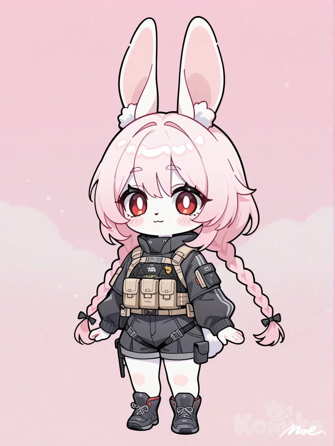 A full-body portrait of Zhao, a Beast Thiren rabbit girl from Zenless Zone Zero. She has a short, fluffy, and robust build. Her long pink hair is styled in two long braids. She has large, expressive red eyes, a pair of round furry ears on top of her head, and a small white cotton-ball tail. She is wearing her signature tactical agent outfit. The style is Moe Pop anime, with soft, rounded forms and a kawaii aesthetic. The artwork is rendered in a soft pastel color palette dominated by pinks, whites, and creams, with gentle shading and ethereal lighting. The background is a simple, dreamy blur of complementary pastel colors. Highly clean lines, official art style.