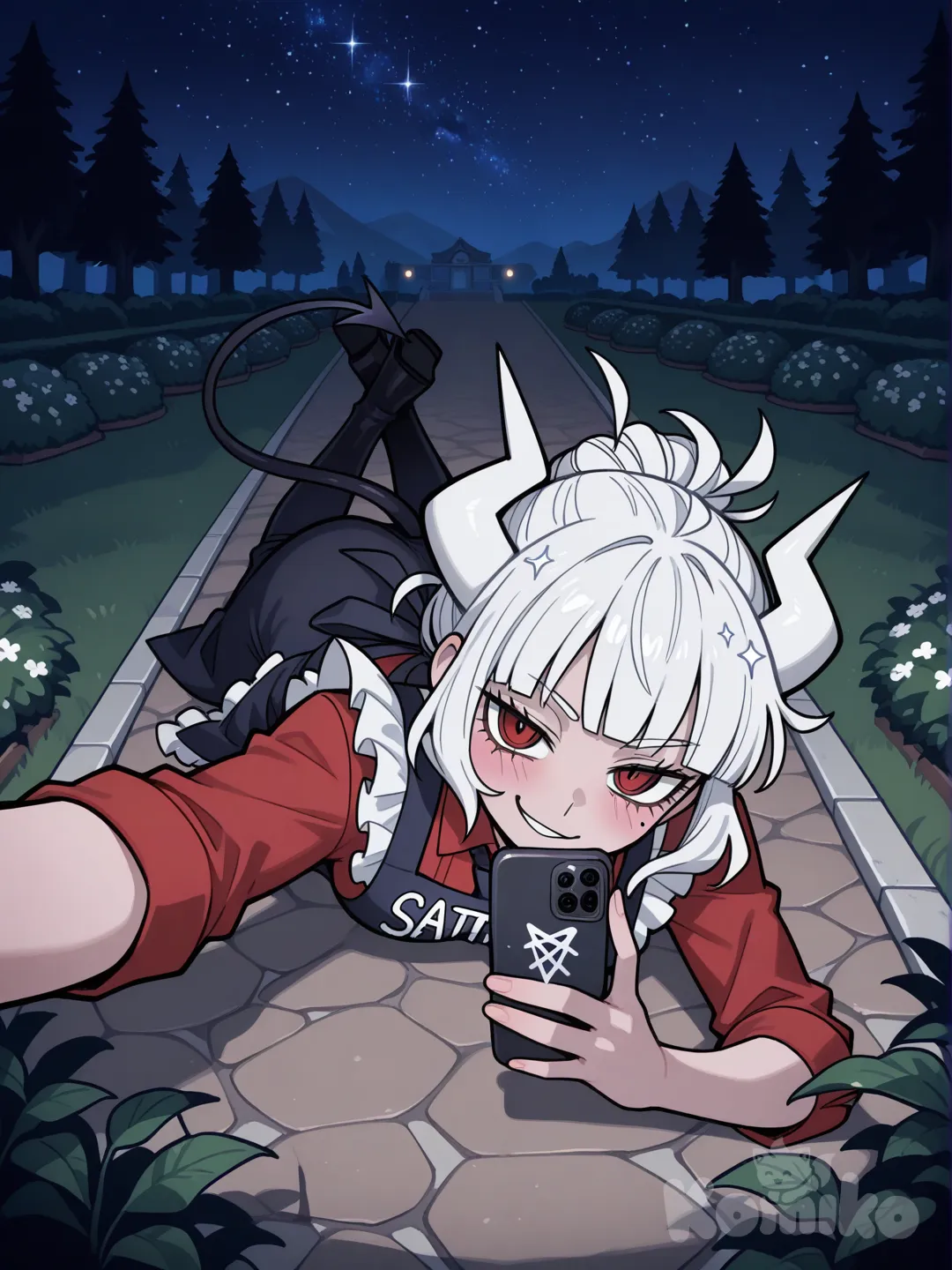 Lucifer (Helltaker), selfie, lie on stomache, smirk, apron, lace, pixie cut, full body, wide shot, from above, clean background, garden, backlight, night, sparkle
(Uncensored).