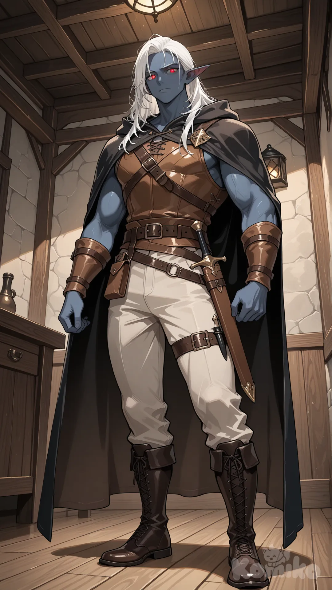 Un elfo oscuro con un tono de piel grisáceo-azulado muy oscuro.

Es de una estatura de al menos 1,70 cm
De complexión atlética, rostro definido, cabello blanco tipo lacio y ojos rojos.

El usa un atuendo de ladrón tipo medieval de los juegos RPG y pantalones de lino.

De fondo hay una habitación sencilla rural.