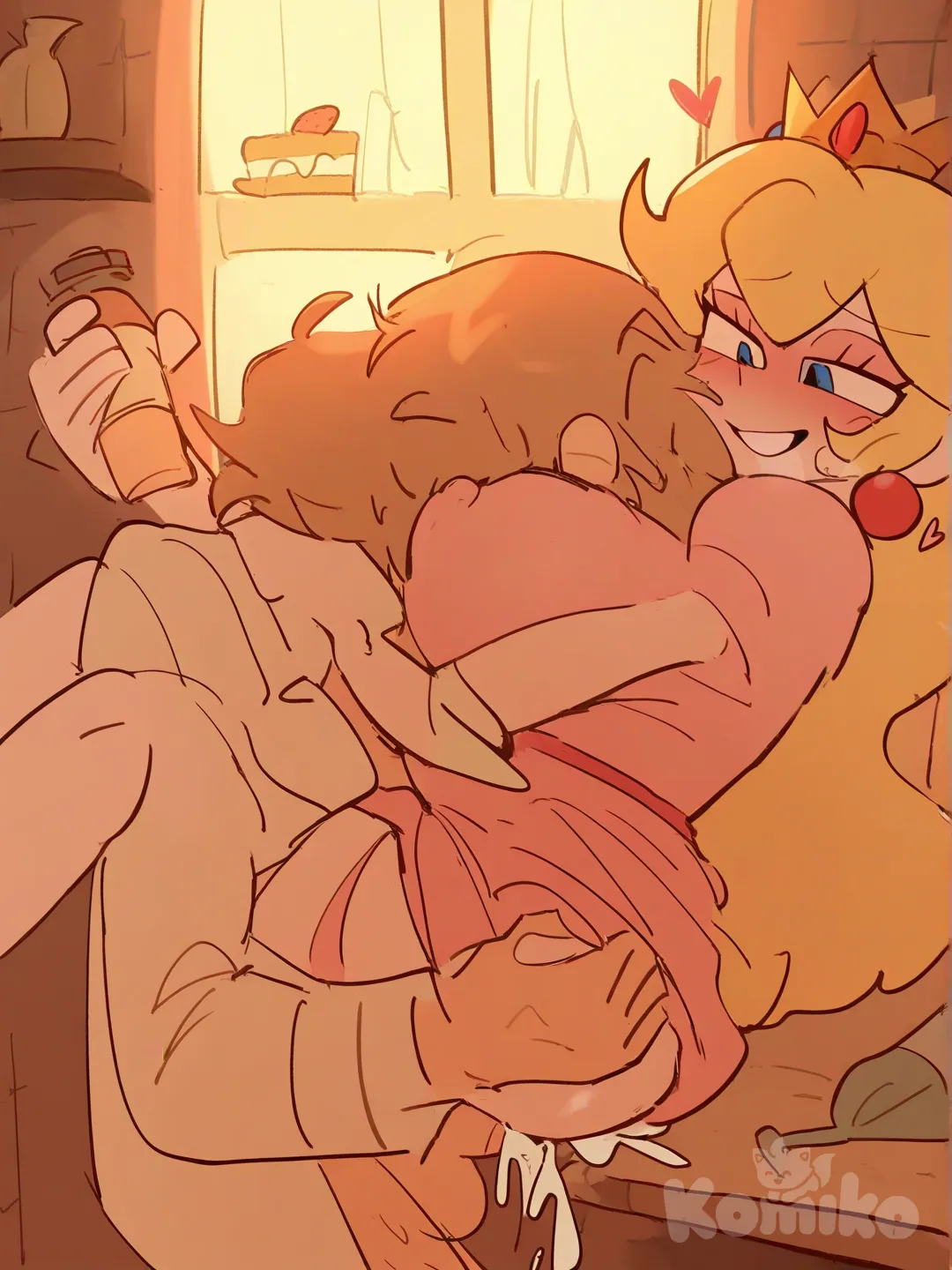Princess Peach, porn, [pop-sketch-style], clothed sex, happy sex, vaginal, frontal, cafe, backlight, headshot, cum in pussy