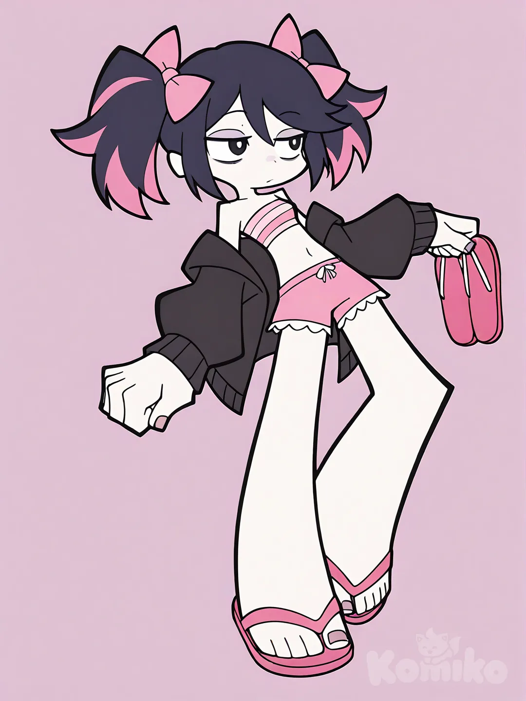 1girl, black eyes, snow-white skin, pink and white striped strapless top, black cardigan, black hair, ponytails,light pink bow on the side, flip-flops with bows, short hair, pink ruffled shorts , [minimalist-style]