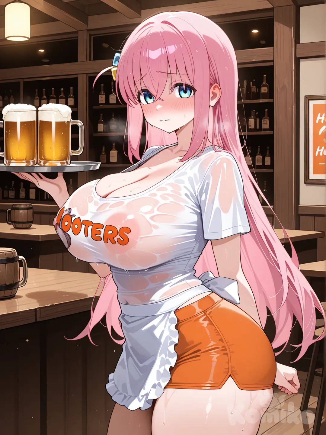 @Gotoh_Hitori, Very large breasts, thick thighs, cleavage, Hooter uniform, wet uniform, visible nipples, serving beer at a table, embarrassed expression.