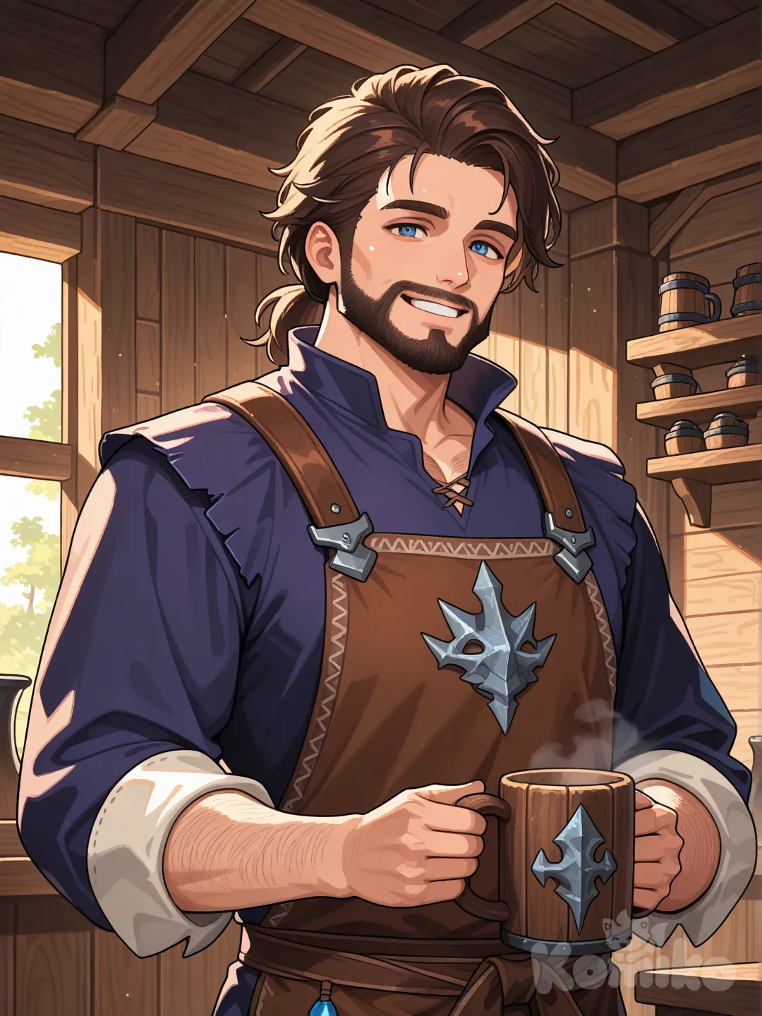 Man, Tavern keeper, anime art style, final fantasy, monster hunter: world, upper body, pixel art