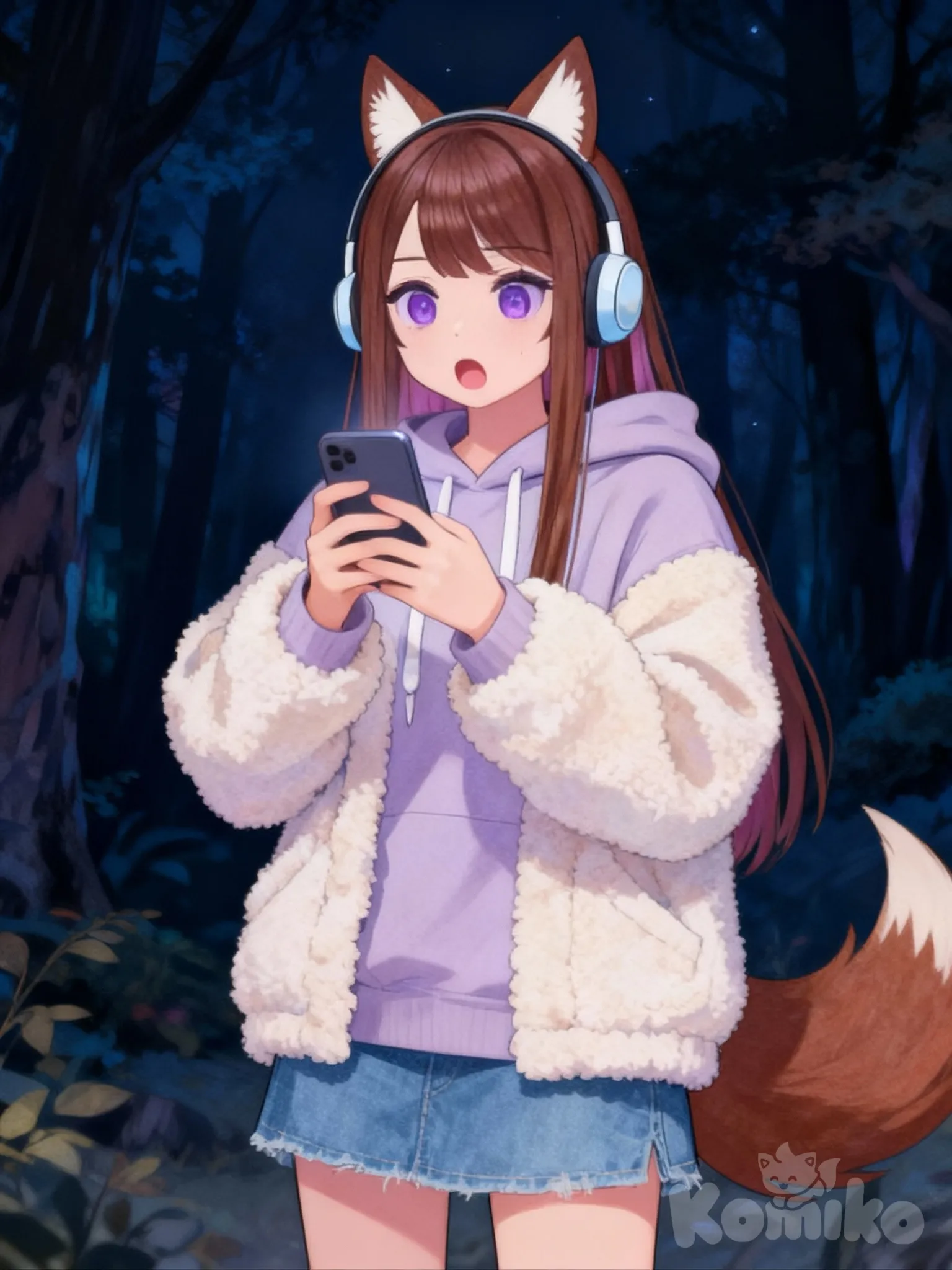 @aura-6ELg, [soft-pastel-style], kawaii, looking at phone, shocked, hoodie, denim skirt, sherpa, upper body, night, forest
