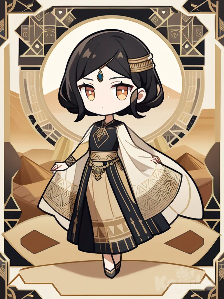 1girl, elegant outfit with golden and sandy tones, patterns reminiscent of hieroglyphs and sacred felines, long jet-black hair, hair often braided with Geo gemstone-encrusted jewelry, bright amber eyes, eyes appear curious and softly protective, wearing light veils floating in desert wind, mysterious aura, single character, full body, looking at viewer, anime style, simple background, white background