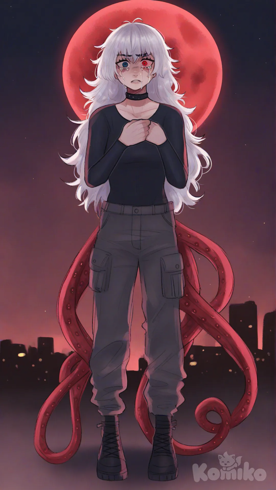 1girl, [soft-shaded-moe-style], tokyo ghoul, red tentacle, angry, depressed, tears, crying, sad, scared, pain, black bodysuit, black ripped jean cargo, one red eye, one black eye, choker, white hair, long hair, messy hair, full body, looking at viewer, front profile photo, night, twilight, shadows, city lights, red moon, Tokyo City