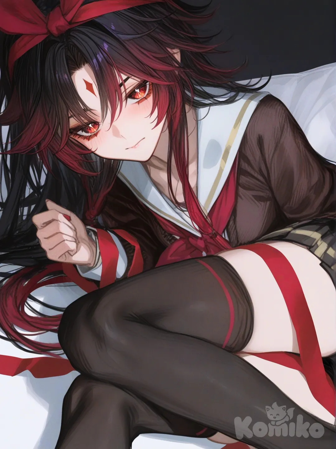 [semi-realistic-portrait-style] 1girl, chisa_(wuthering_waves), genshin impact style, teenager, petite, black hair, straight hair, red eyes, fair skin, black and red school uniform, red ribbon on side of hair, knee-high socks, single character, full body, looking at viewer, simple background, white background