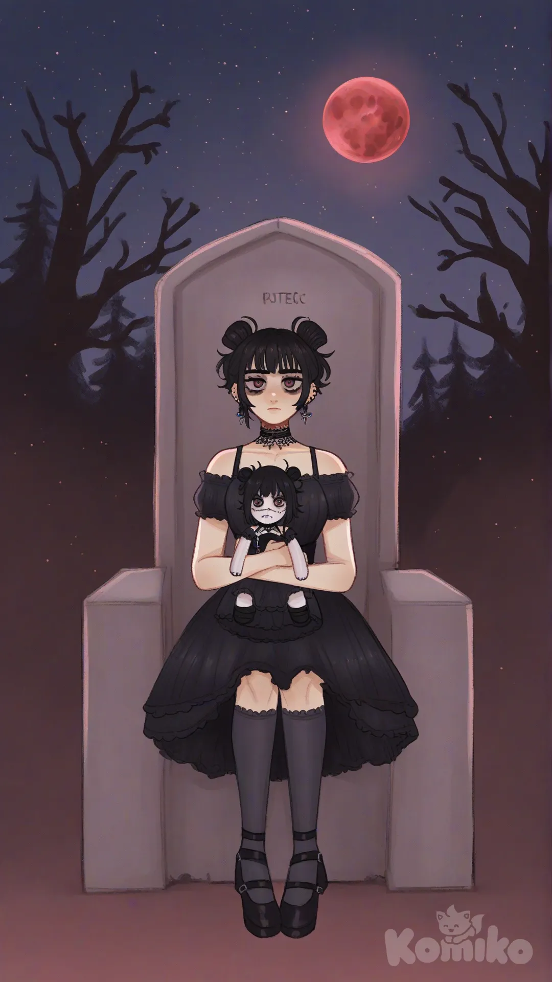 1girl, [soft-shaded-moe-style], sitting on throne, holding a scary doll, expressionless, depressed, black gothic dress with black lingerie, earrings, choker, knee-high socks, double buns, black hair, full body, looking at viewer, front profile photo, night, twilight, forest, tombstone, starry sky, red moon