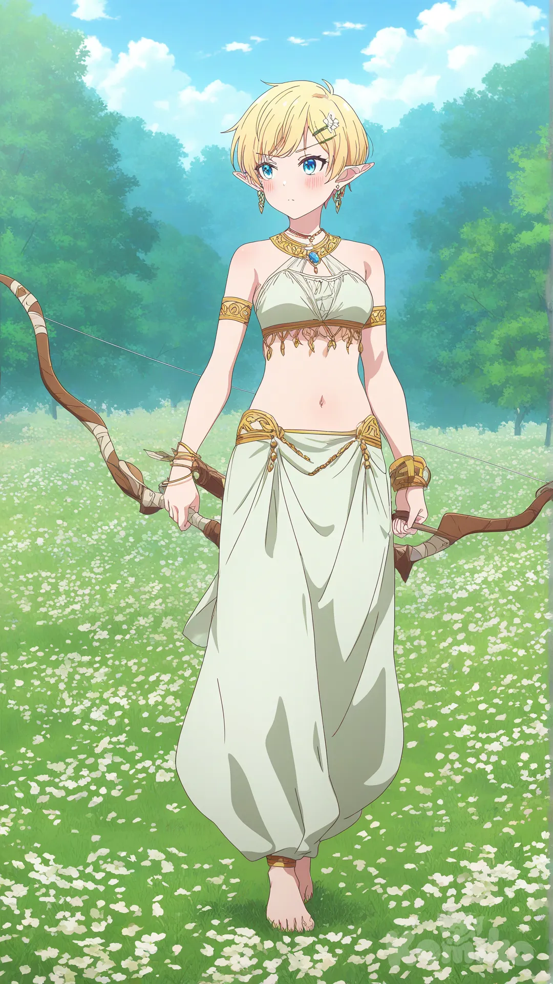 1girl, [bright-anime-style], holding bow (weapon), standing, blush, serious, belly dancer outfit, barefoot, hairpin, earrings, necklace, bracelet, elf, elf hear, pixie cut, blonde hair, full body, looking away, front profile photo, day, ambient light, blue sky, forest, flower field