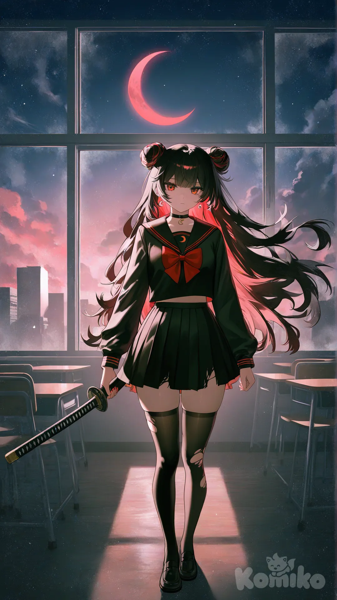 1girl, [moody-glow-style], standing, holding a katana, expressionless, depressed, torn black and red Japanese uniform, earrings, choker, black thigh high socks, double buns, black hair, full body, front profile photo, night, twilight, classroom, starry sky, red crescent moon, thick thighs, looking at viewer