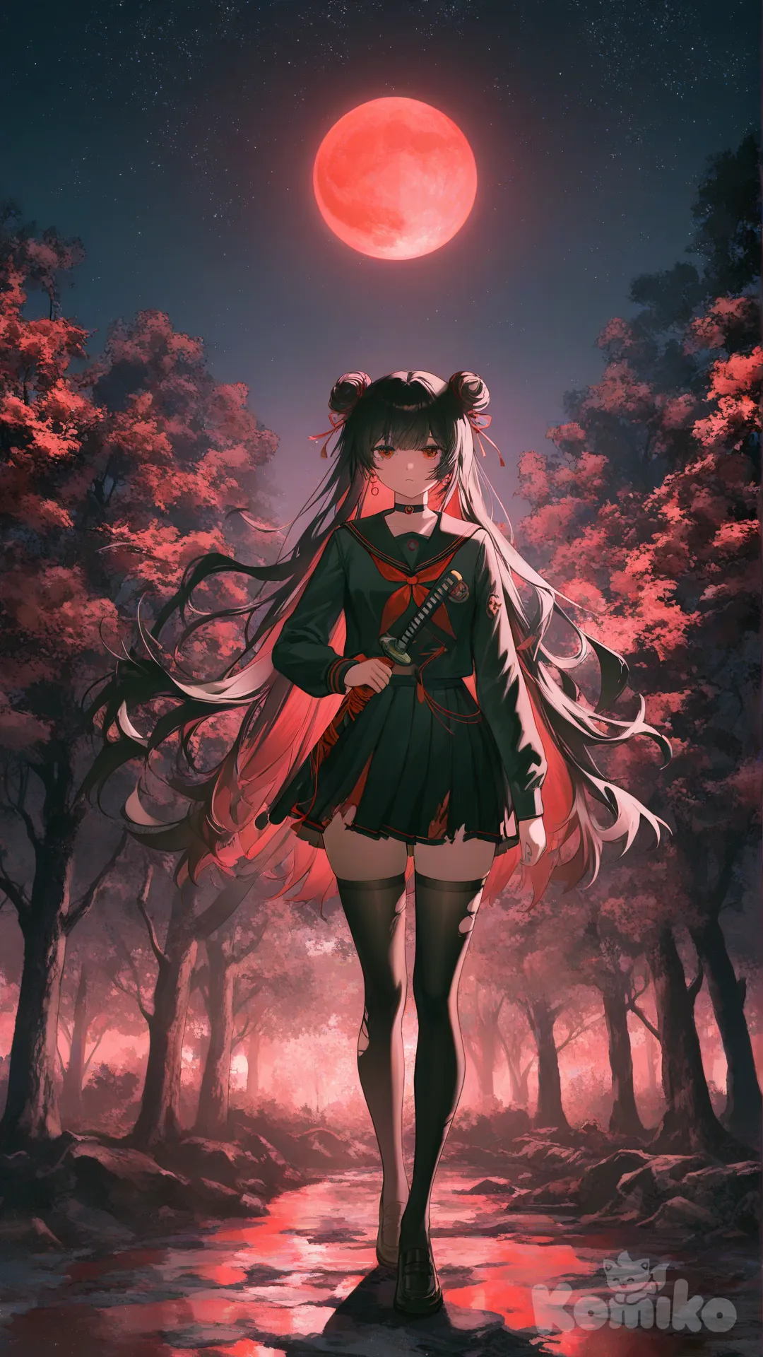 1girl, [moody-glow-style], standing, holding a katana, expressionless, depressed, torn black and red Japanese uniform, earrings, choker, black thigh high socks, double buns, black hair, full body, looking away, front profile photo, night, twilight, forest, classroom, starry sky, red crescent moon, thick thighs