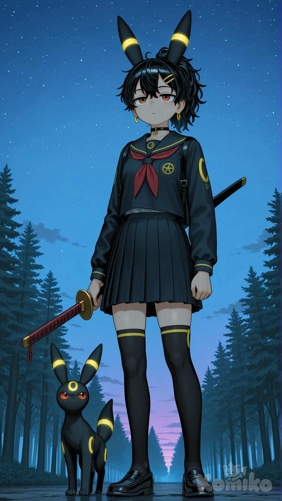 1girl, @Umbreon, [realistic-furry-style], holding sword, expressionless, school uniform, high ponytail, messy hair, black hair, hairpin, earrings, choker, knee-high socks, looking at viewer, front profile photo, full body, night, twilight, forest, starry sky