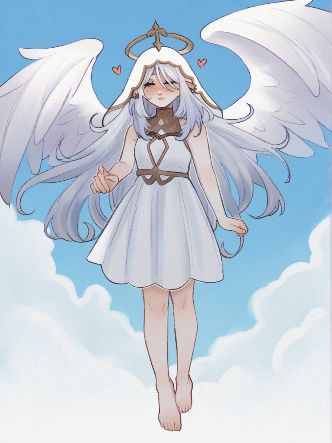 [soft-shaded-moe-style] 1girl, genshin impact, elf, solo, teenage girl, petite, white hair, long hair, white eyes, pale skin, white dress, angel wings, hair ornament, white veil over eyes, eyes closed, barefoot, floating, daytime, cloudy sky, blue sky, heavenly, full body, front view, single character, looking at viewer, simple background, white background