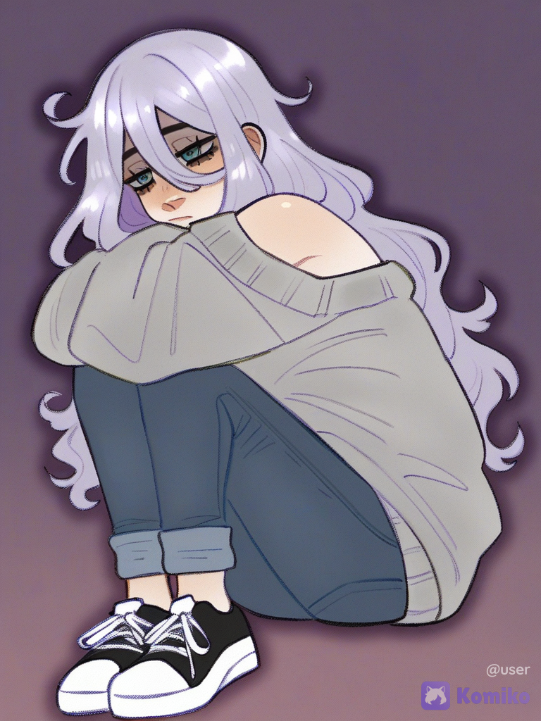 [soft-shaded-moe-style], 1girl, Hair: Long, light lavender (pastel purple) hair. They reach about the waist/hips, have a light natural wave. The bangs are straight, with small strands framing the face. The general color is soft, "sugar" purple.Eyes Expressive, with a heavy, slightly sleepy or sad look (semi-closed eyelids). Eye color gray-blue. Dressed in a gray tight-fitting longsleeve with an open shoulder, loose straight jeans Accessories: minimal or absent Shoes: sneakers.