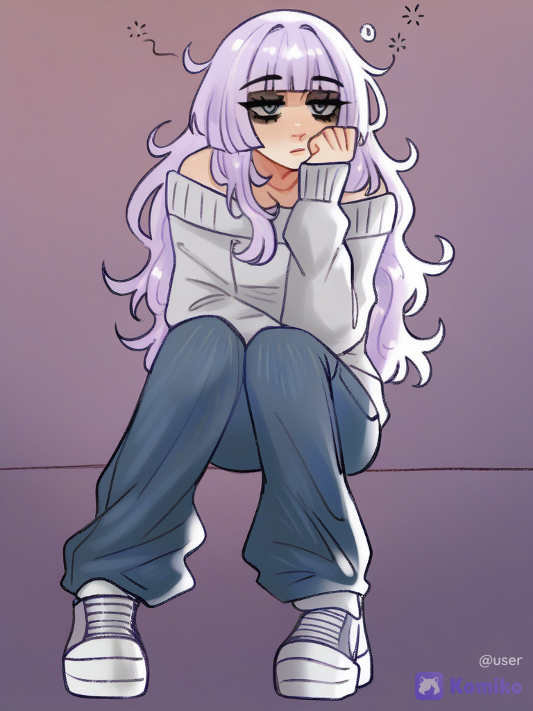 [soft-shaded-moe-style], 1girl, Hair: Long, light lavender (pastel purple) hair. They reach about the waist/hips, have a light natural wave. The bangs are straight, with small strands framing the face. The general color is soft, "sugar" purple.Eyes Expressive, with a heavy, slightly sleepy or sad look (semi-closed eyelids). Eye color gray-blue. Dressed in a gray tight-fitting longsleeve with an open shoulder, loose straight jeans Accessories: minimal or absent Shoes: sneakers.