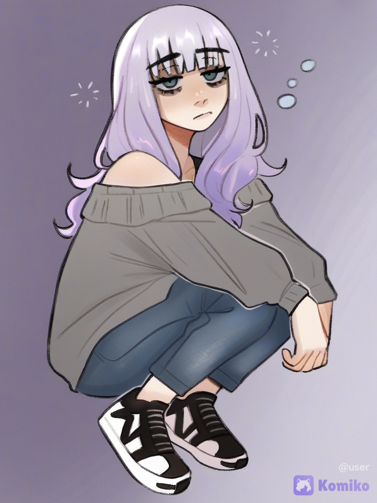 [soft-shaded-moe-style], 1girl, Hair: Long, light lavender (pastel purple) hair. They reach about the waist/hips, have a light natural wave. The bangs are straight, with small strands framing the face. The general color is soft, "sugar" purple.Eyes Expressive, with a heavy, slightly sleepy or sad look (semi-closed eyelids). Eye color gray-blue. Dressed in a gray tight-fitting longsleeve with an open shoulder, loose straight jeans Accessories: minimal or absent Shoes: sneakers.