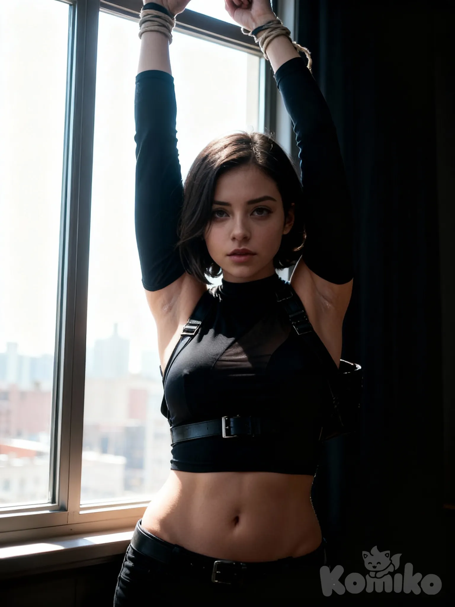 bondaged stretched, Both armpits and skin visible, Bright light on window shinning fully on her while her background is dim as she exposed her armpits while tied arms up