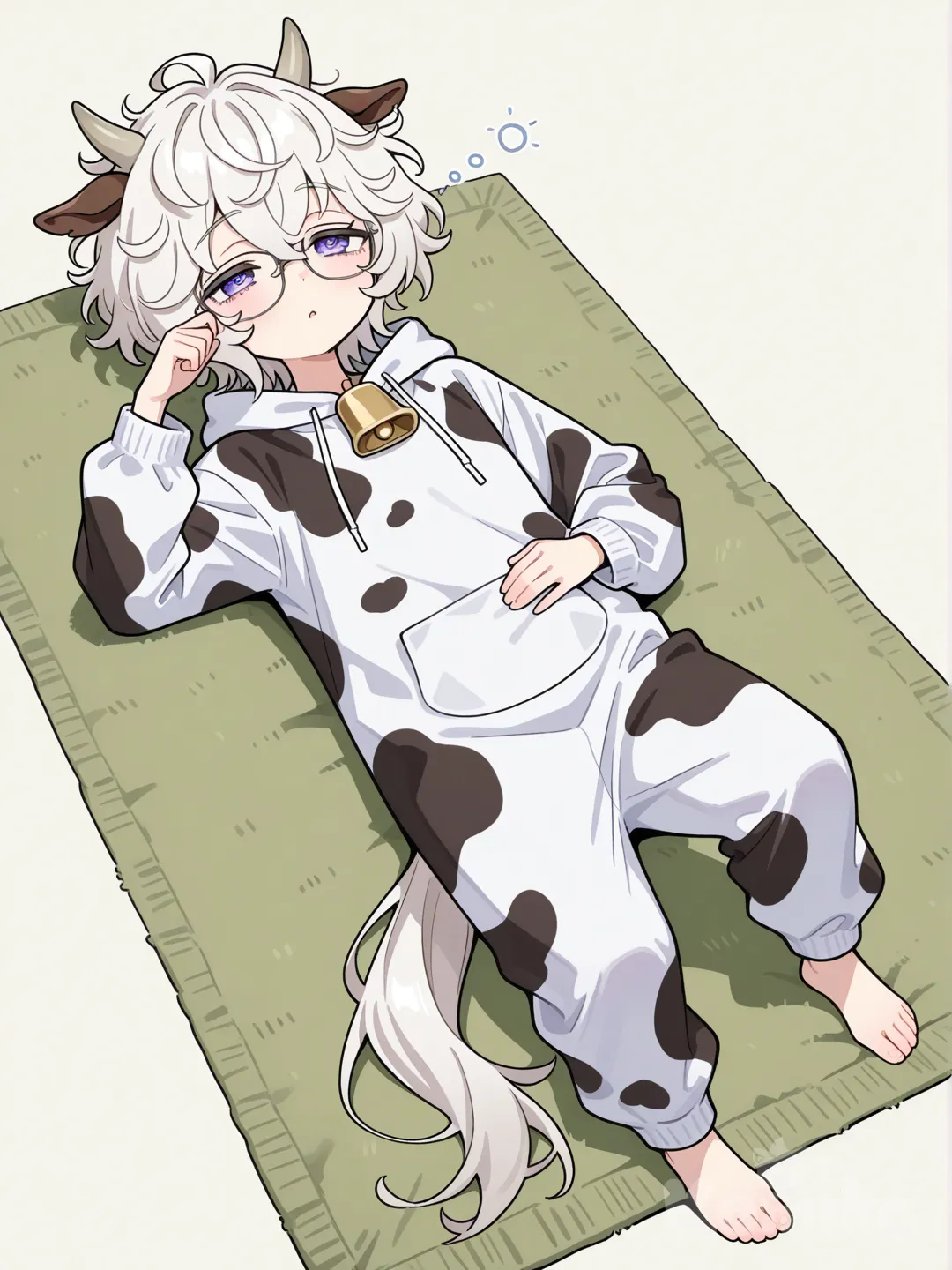 White hair, messy hair, short hair, violet eyes, lazy eyes, small mouth, glasses, flat chest, flat, androgynous, umamusume, 1girl, horse tail, horse ears, fluffy hair, Cow costume, cow horns, barefoot, sleepy, rug