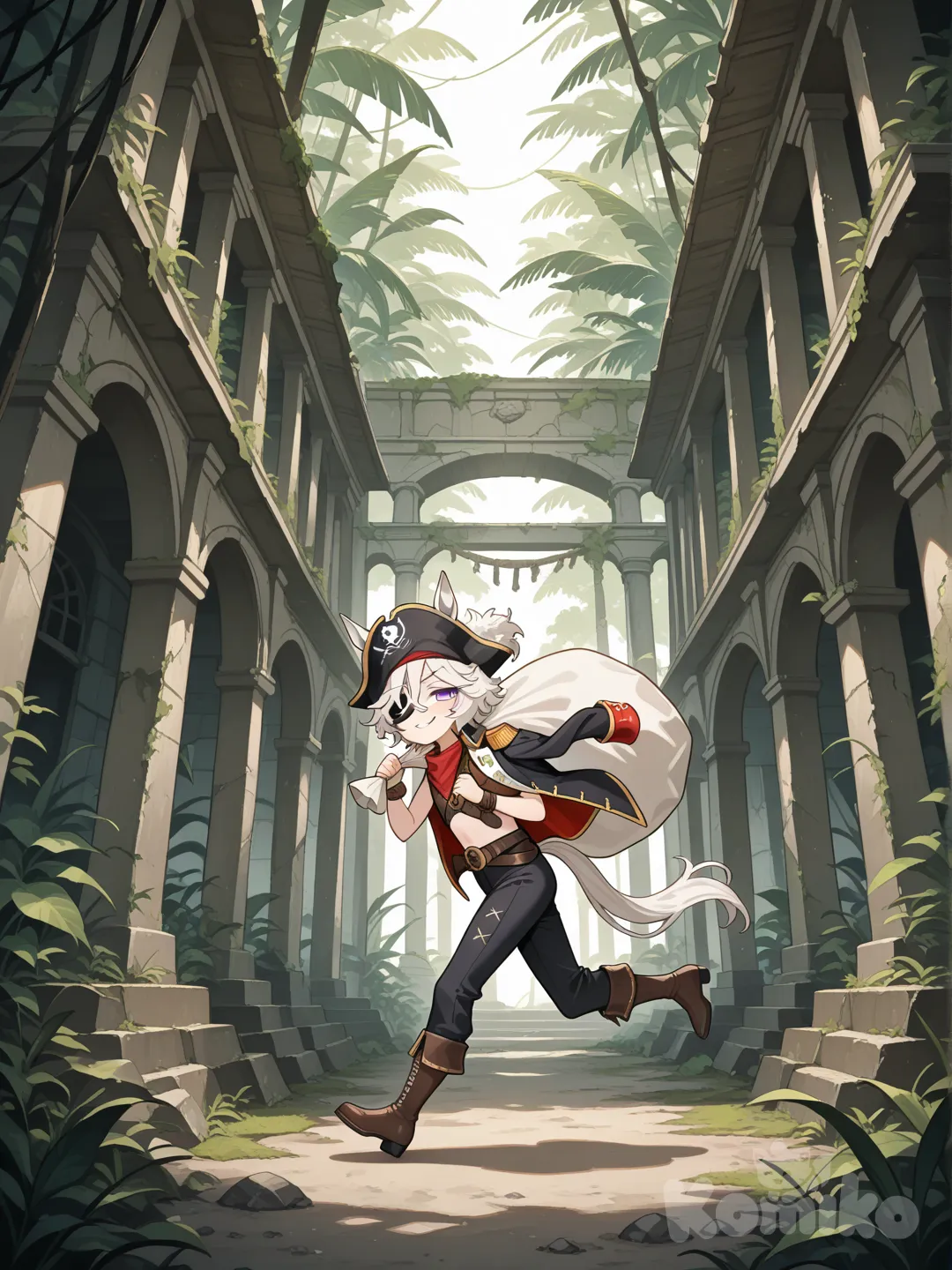 White hair, messy hair, short hair, violet eyes, lazy eyes, small mouth, glasses, flat chest, flat, androgynous, umamusume, 1girl, horse tail, horse ears, fluffy hair, pirate hat, pirate, ship, bandana, pirate clothing, captain's hat, eye patch, adventurous, jacket hanging from the shoulders, temple, jungle, exploring, running, kidnapping, body in a sack, carrying the sack on their shoulders