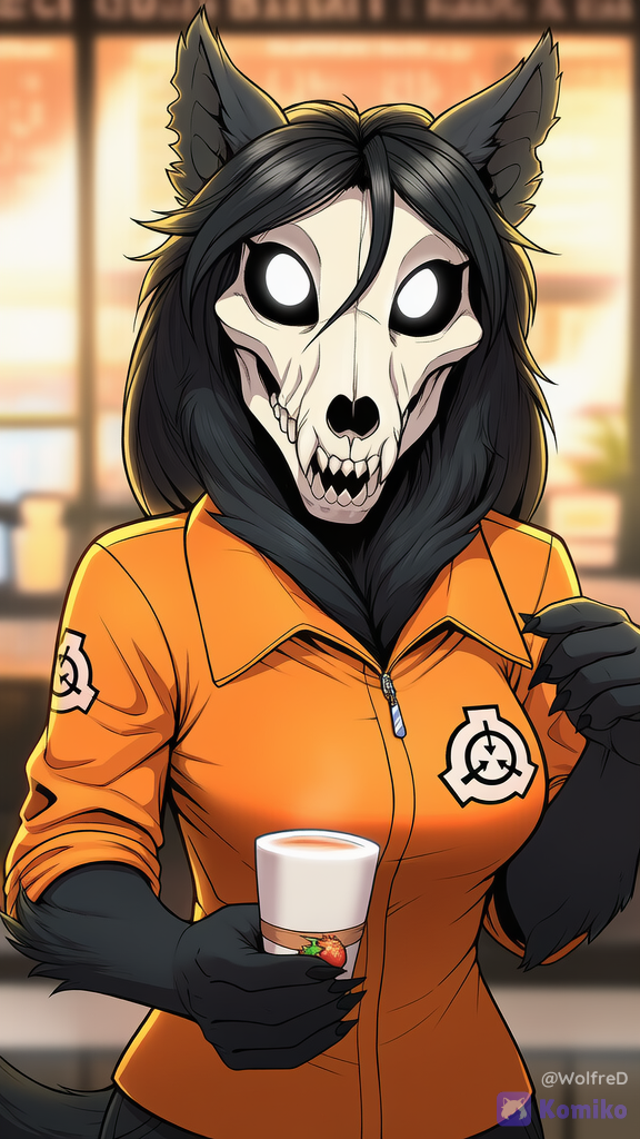 SCP-1471, furry female Barista. scp foundation Cafe, holding a strawberry donut in his claws, SCP-1471 is a cute barista in a cute uniform.