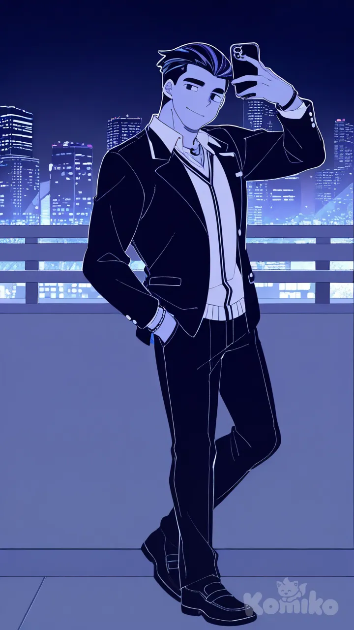 Bara, Men, hammer (sunset beach), [serious-man-style], lineart, hands in pockets, selfie, smile, school uniform, necklace, bracelet, slicked-back hair, full body, city lights, cityscape