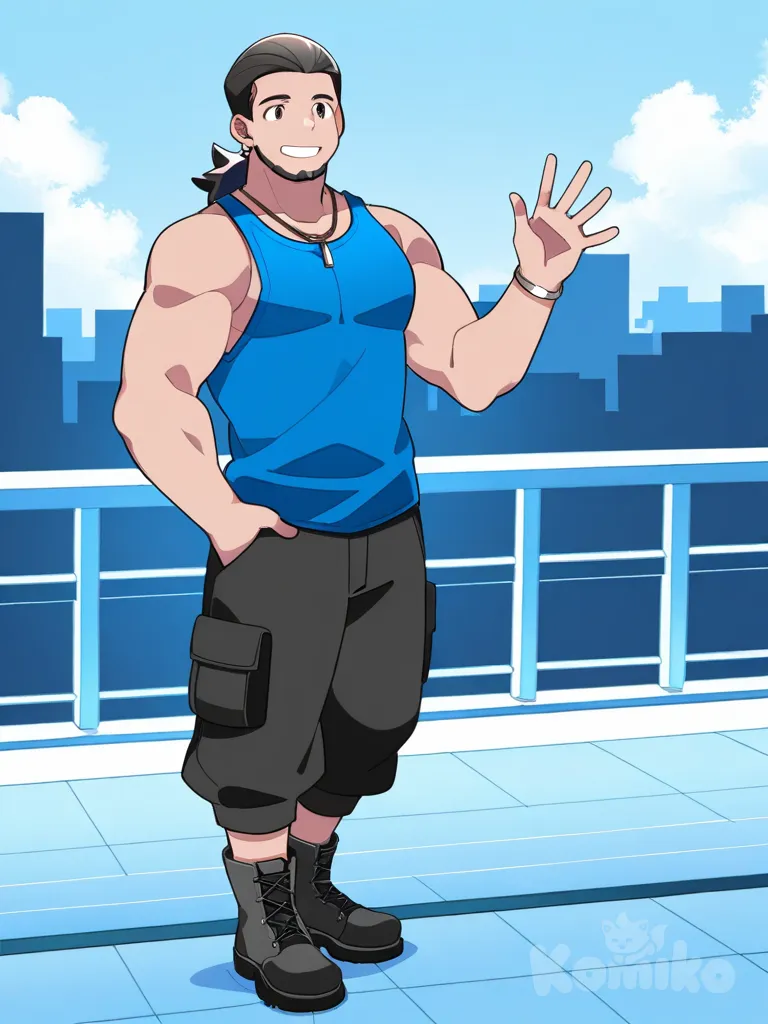 Bara, anime coloring, selfie, blue tank top, Black cargo pants, necklace, earrings, bracelet, slicked-back hair, full body, cityscape, hammer (sunset beach), smile, muscular male, alternate muscle size, lineart, combat boots, naked, black hair, closeup, looking away, beard, mullet, waving